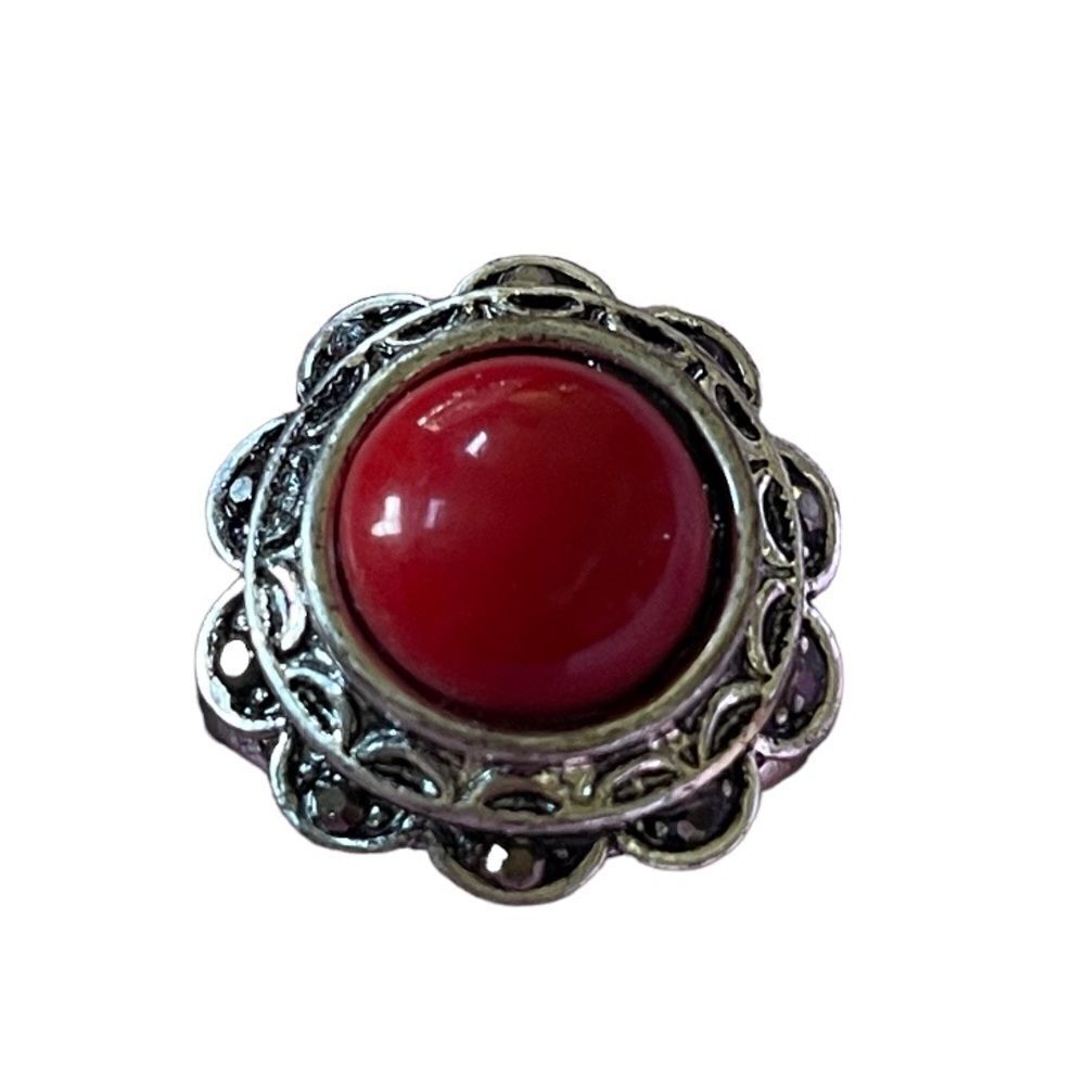 NWT silver tone marcasite like stones with red round center stone ring US size 8